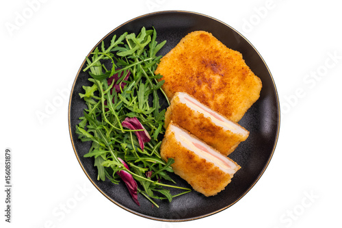 Canvas-taulu Chicken cordon bleu cutlet with cheese and ham on plate with salad isolated on w