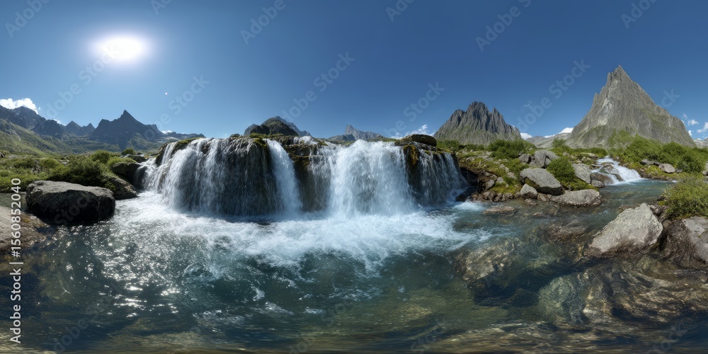 Fototapeta premium Cascading waterfall adventure scenic mountains hdr 360 degrees hdri