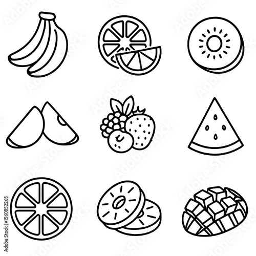 Morning Fruit Icons. Outline style icons of Morning Fruits: banana bunch, orange slices, sliced kiwi, apple wedges, mixed berries,