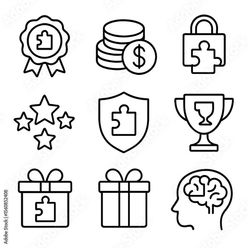 Puzzle Reward Icons. Outline style icons of Puzzle Rewards Silhouette: completion badge, coins stack icon, reward stars, unlock