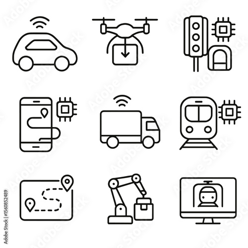 AI Transportation Icons. Outline style icons of AI in Transportation: autonomous car, drone delivery, smart traffic system, AI