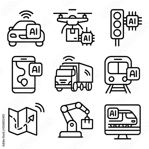 AI Transportation Icons. Outline style icons of AI in Transportation: autonomous car, drone delivery, smart traffic system, AI