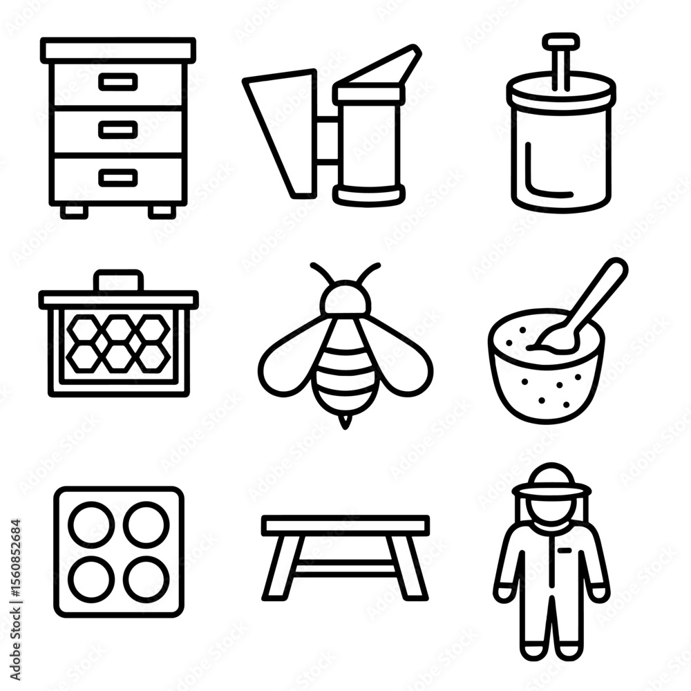 Fototapeta premium Beekeeping Tools Icons. Outline style icons of Beekeeping: beehive box, bee smoker, honey extractor, beekeeper suit, honeycomb