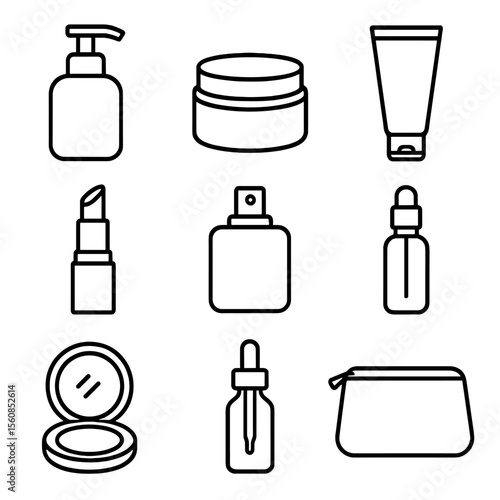 Cosmetic Packaging Icons. Outline style icons of Cosmetic Packaging: pump bottle, cream jar, squeeze tube, lipstick case, perfume