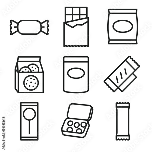 Confectionery Outline Icons. Outline style icons of Snack and Confectionery Packaging: candy wrapper, chocolate bar, chips bag,
