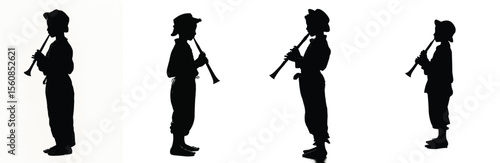 Silhouette set of boy playing recorder on white background