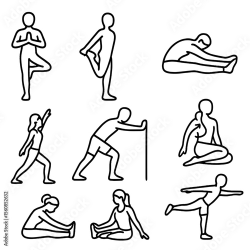 Flexibility Training Icons. Outline style icons of Flexibility Training: yoga pose, stretching leg, seated forward bend, spine