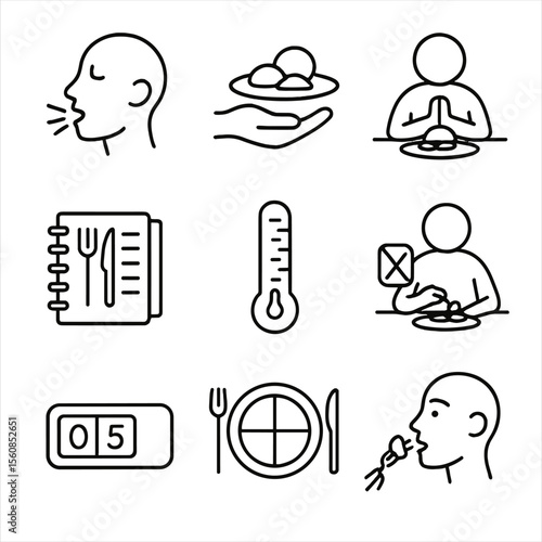 Mindful Eating Icons. Outline style icons of Mindful Eating: slow chew icon, portion awareness, gratitude before meal, eating