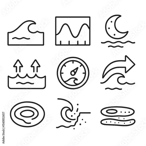 Marine Forces Icons. Outline style icons of Tidal Patterns and Marine Forces: high tide icon, tide chart, moon tide influence,