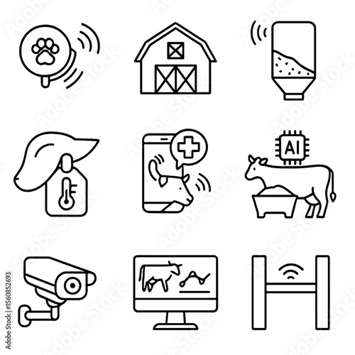Smart Farming Icons. Outline style icons of Smart Farming Tech: animal tracker chip, smart barn monitor, feed level sensor,