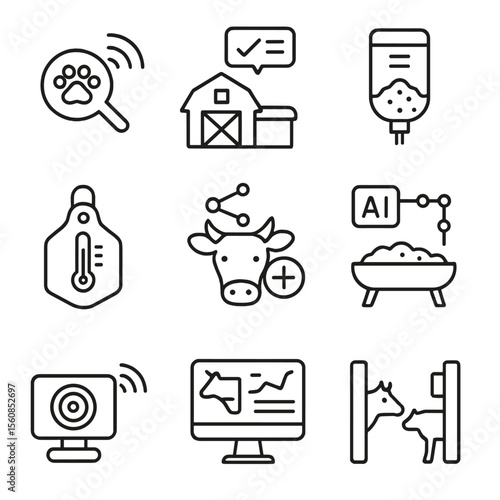 Smart Farming Icons. Outline style icons of Smart Farming Tech: animal tracker chip, smart barn monitor, feed level sensor,