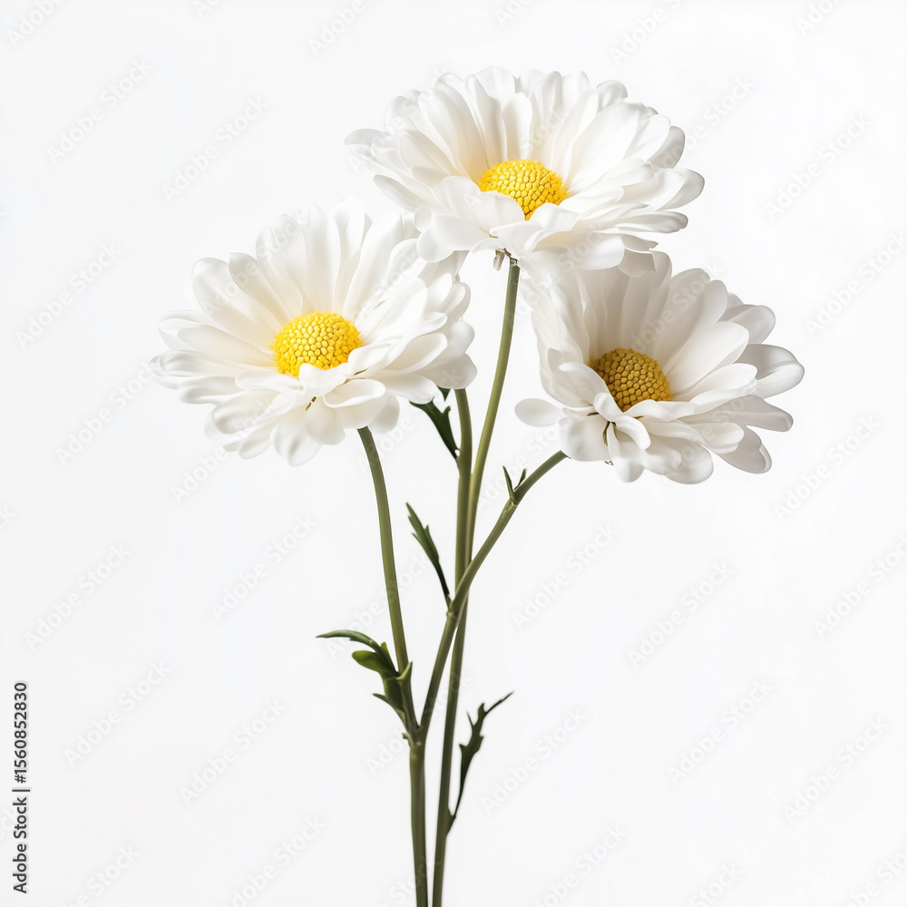 Fototapeta premium Three white daisies with yellow centers on a neutral background 