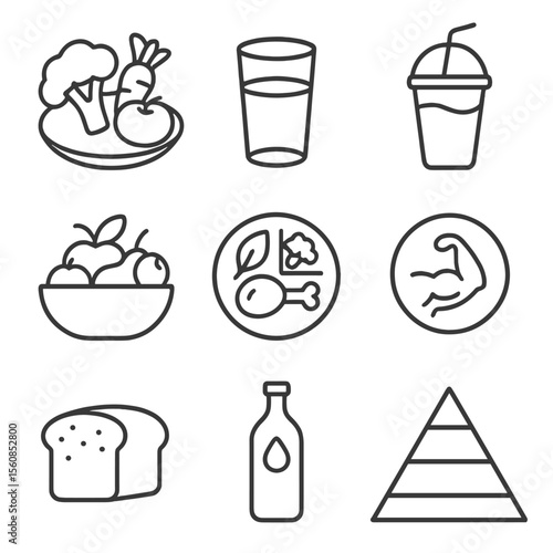 Healthy Nutrition Icons. Outline style icons of Healthy Nutrition: plate with vegetables, water glass, smoothie cup, fruit bowl,