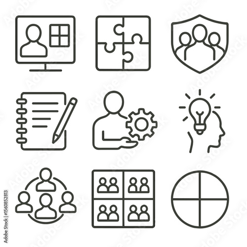 Team Roles Icons. Outline style icons of Team Roles and Strengths: role assignment chart, strength puzzle icon, team badge set,
