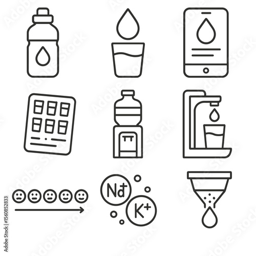 Hydration Icons Collection. Outline style icons of Hydration and Water Health: water bottle, droplet glass icon, hydration