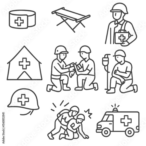 Military Medics Icons. Outline style icons of Military Medics: medic armband, stretcher icon, soldier with first aid kit, field