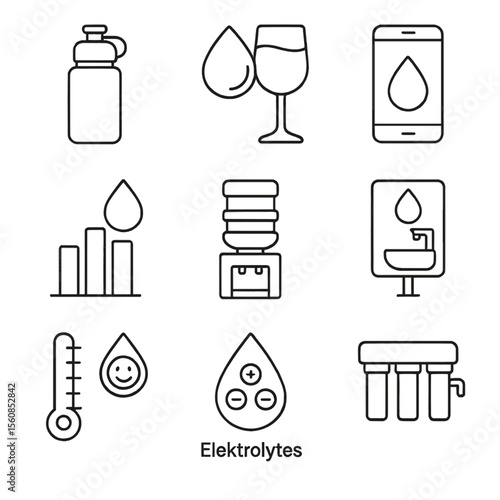 Hydration Icons Collection. Outline style icons of Hydration and Water Health: water bottle, droplet glass icon, hydration
