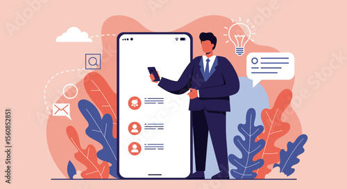 a man in a suit standing next to a phone