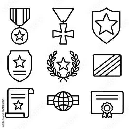 Military Honor Icons. Outline style icons of Military Decorations and Honors: ribbon medal, cross medal, star badge, honor plaque,