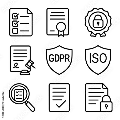 Security Compliance Icons. Outline style icons of Security Compliance: audit checklist, compliance certificate, secure seal icon,