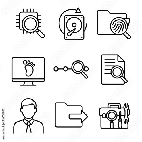 Digital Forensics Icons. Outline style icons of Digital Forensics: magnifier over chip, data recovery icon, evidence folder,