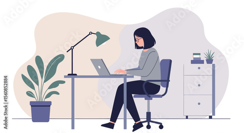 a woman sitting at a desk using a laptop, with a lamp, plant, and filing cabinet in the background. Suitable for landing page, banner, marketing, web design, presentation, infographic, etc.