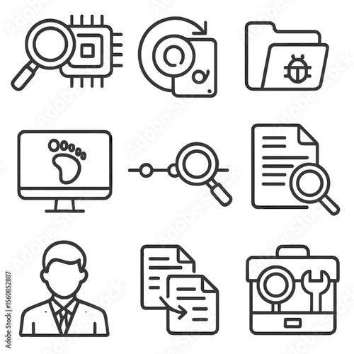Digital Forensics Icons. Outline style icons of Digital Forensics: magnifier over chip, data recovery icon, evidence folder,