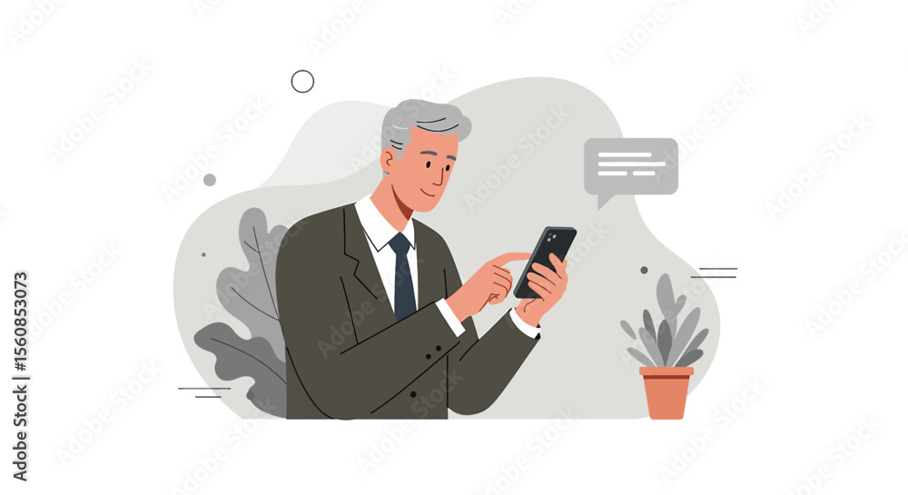 a man in a suit using a smartphone, with a potted plant and a speech bubble containing text in the background. Suitable for landing page, banner, marketing, web design, presentation, infographic, etc. a man in a suit using a smartphone, with a potted plant and a speech bubble containing text in the background. Suitable for landing page, banner, marketing, web design, presentation, infographic, etc.