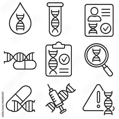 DNA Medicine Icons. Outline style icons of DNA in Medicine: DNA blood drop, lab diagnostics, personalized health report, medicine