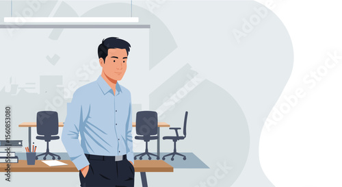 A man stands in an office setting, with a desk, chairs, and a computer setup visible in the background. Suitable for landing page, banner, marketing, web design, presentation, infographic, etc.