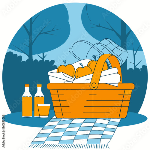 Picnic Basket with Apples and Beverages on a Checkered Blanket in a Nature Background for Lifestyle Blogs, Outdoor Events, Family Gatherings, and Summer Activities  