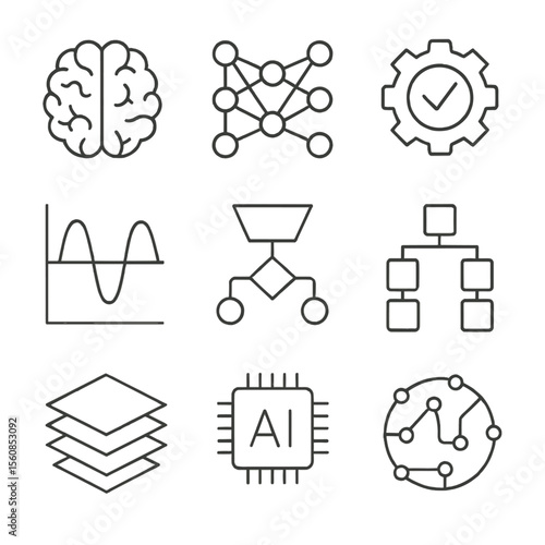 AI Concept Icons. Outline style icons of Artificial Intelligence Concepts: AI brain, neural network, machine learning gear, data