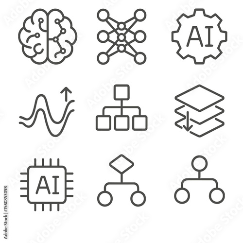 AI Concept Icons. Outline style icons of Artificial Intelligence Concepts: AI brain, neural network, machine learning gear, data