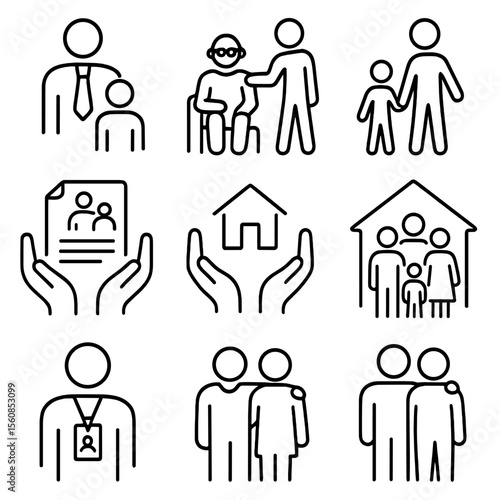 Guardianship and Care Icons. Outline style icons of Guardianship and Caregiving: legal guardian icon, elder care, temporary