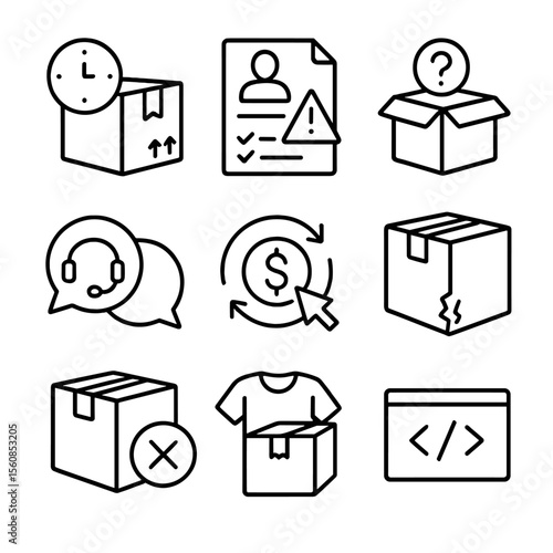 Delivery Issue Icons. Outline style icons of Delivery Troubleshooting: delayed package icon, delivery complaint form, missing item