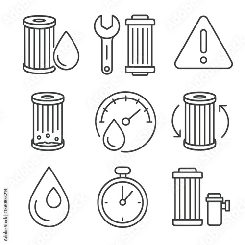 Filter Maintenance Icons. Outline style icons of Maintenance and Replacement: filter change icon, wrench and cartridge, alert