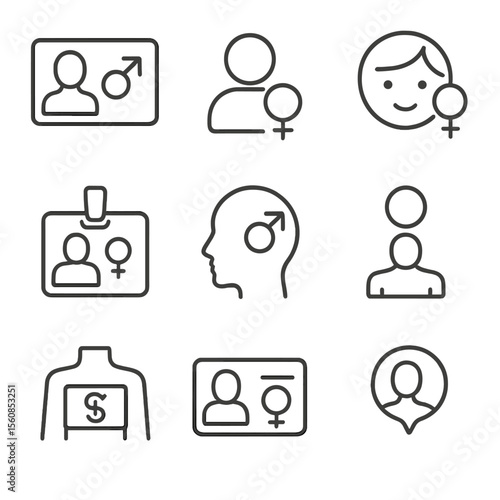 Gender Identity Icons. Outline style icons of Identity Representation: gender identity card, user icon with gender sign, face with