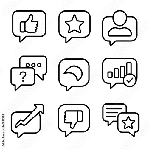 Feedback Icons Set. Outline style icons of Feedback and Review Bubbles: thumbs up chat, review star icon, customer comment bubble,