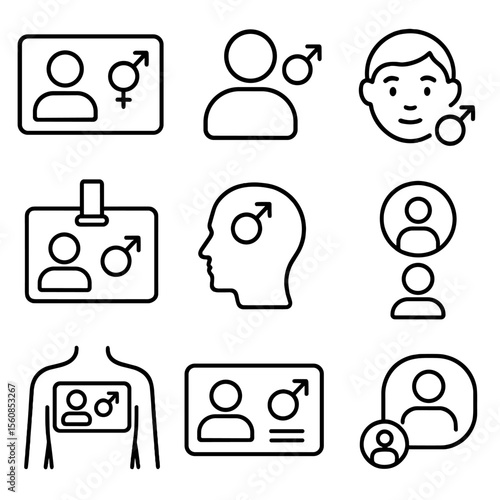 Gender Identity Icons. Outline style icons of Identity Representation: gender identity card, user icon with gender sign, face with