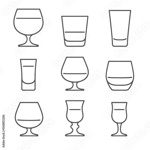 Spirit Glass Icons. Outline style icons of Spirit-Specific Glasses: gin and tonic glass, rum glass, vodka glass, tequila shot