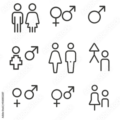 Minimalist Gender Icons. Outline style icons of Symbol Simplicity Packs: 3-line male/female sign, no-fill gender outlines,