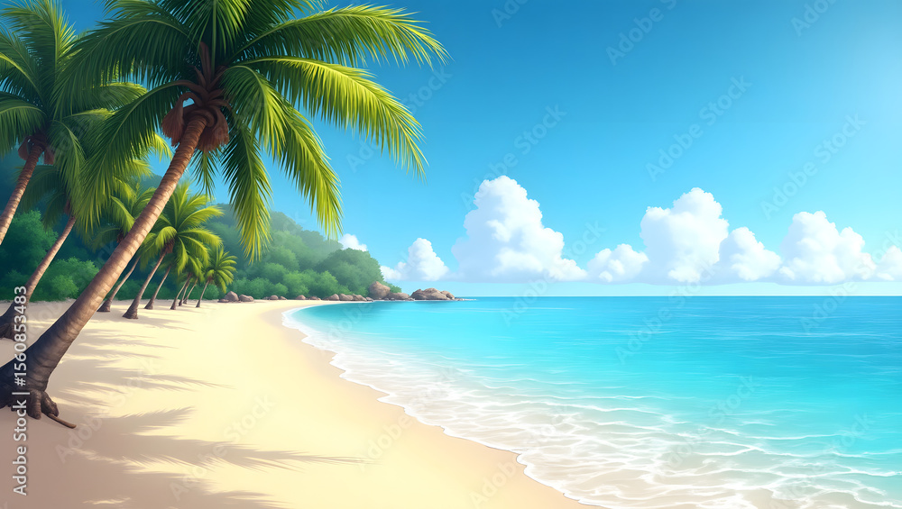 Fototapeta premium Idyllic Tropical Beach with Palm Trees and Crystal Clear Blue Ocean Water
