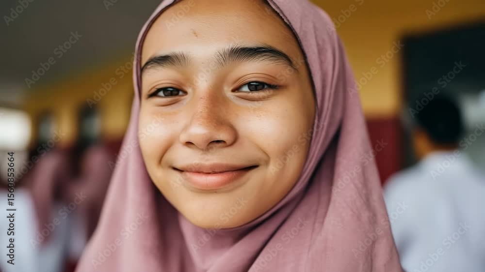 Young woman smiling in a vibrant scarf with a bustling background Young woman smiling in a vibrant scarf with a bustling background