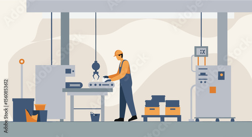 a worker in a factory setting, wearing a hard hat and safety gear, operating a machine with a crane. Suitable for landing page, banner, marketing, web design, presentation, infographic, etc.
