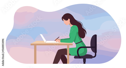 A woman is sitting at a desk, working on a laptop, with a cloudy sky in the background. Suitable for landing page, banner, marketing, web design, presentation, infographic, etc.