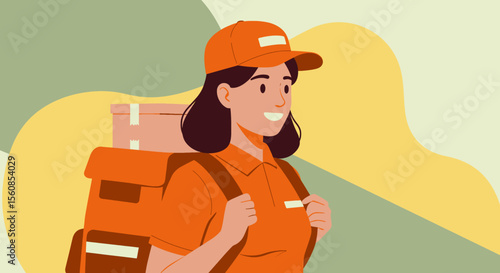 A cheerful female delivery worker in an orange uniform carries packages, representing efficient e-commerce logistics in a modern flat design illustration.