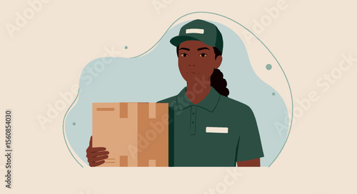 a delivery person wearing a green uniform and cap, holding a cardboard box. Suitable for landing page, banner, marketing, web design, presentation, infographic, etc.