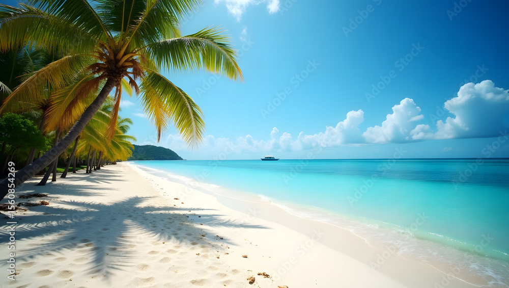 Fototapeta premium Tropical Summer Beach with Palm Trees and Crystal Clear Blue Water