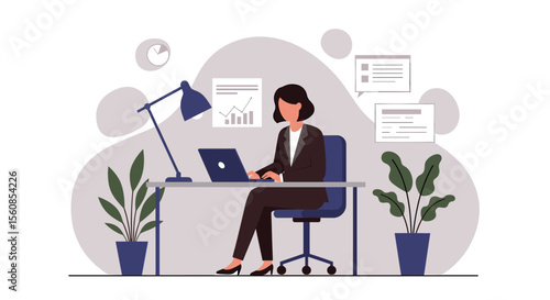 Businesswoman working on a laptop at her desk in a modern office with plants and a desk lamp, representing digital marketing and web design.
