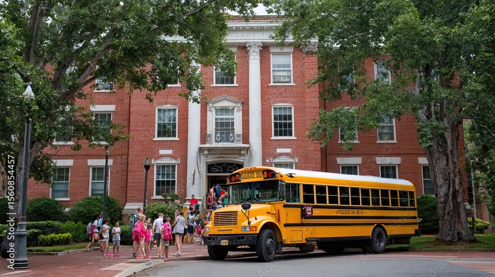 Obraz premium Yellow school buses in different urban and school settings. AI generated image